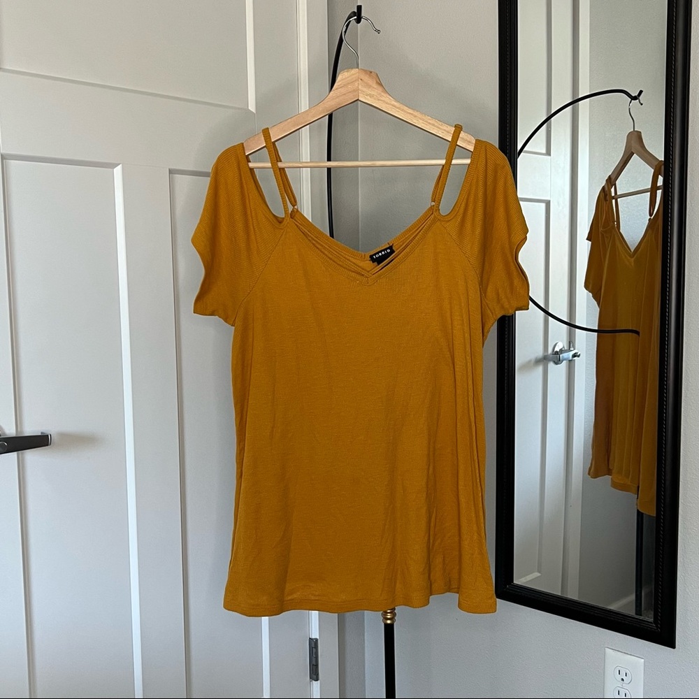Torrid Mustard Yellow Ribbed Flowy T-Shirt Blouse with Cut-Out and Strap Details